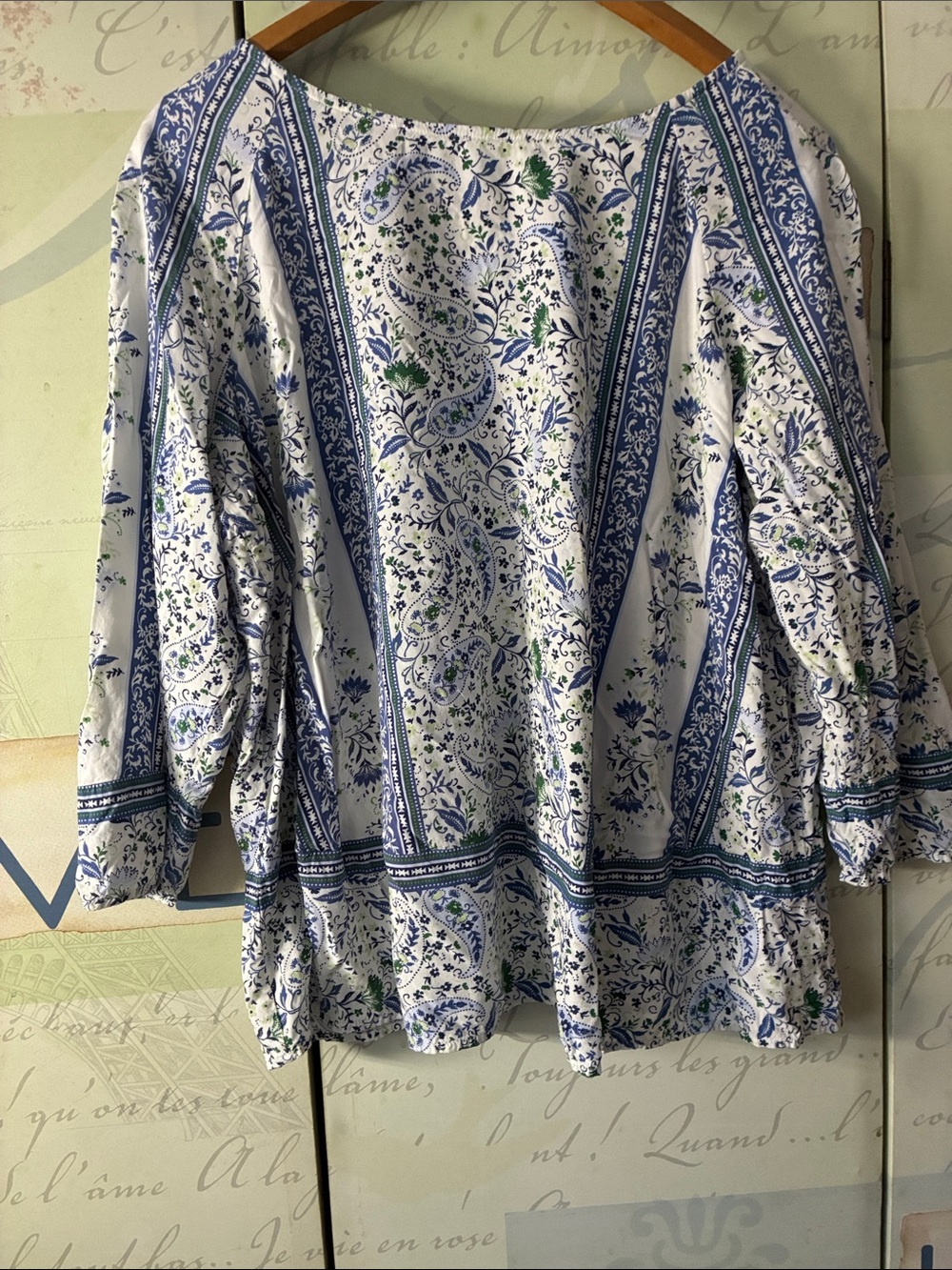 J. Jill White Peasant Blouse with Blue Floral PrintSz Petite XL